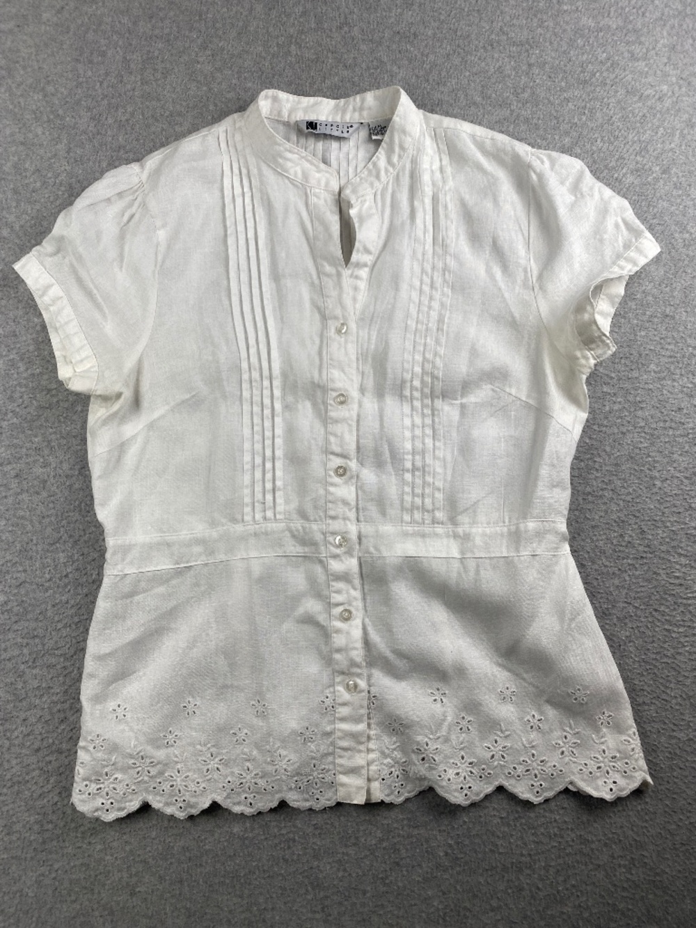 Carole Little 100% Linen Pintuck Eyelet Scalloped Hem Cap Sleeve Blouse Size M
